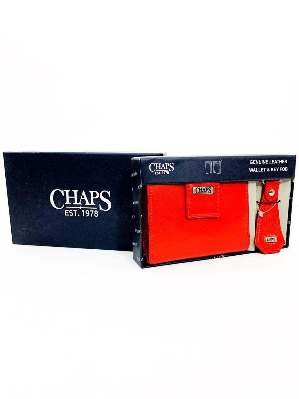 Chaps Red Genuine Leather Wallet and Key Fob Set NIB